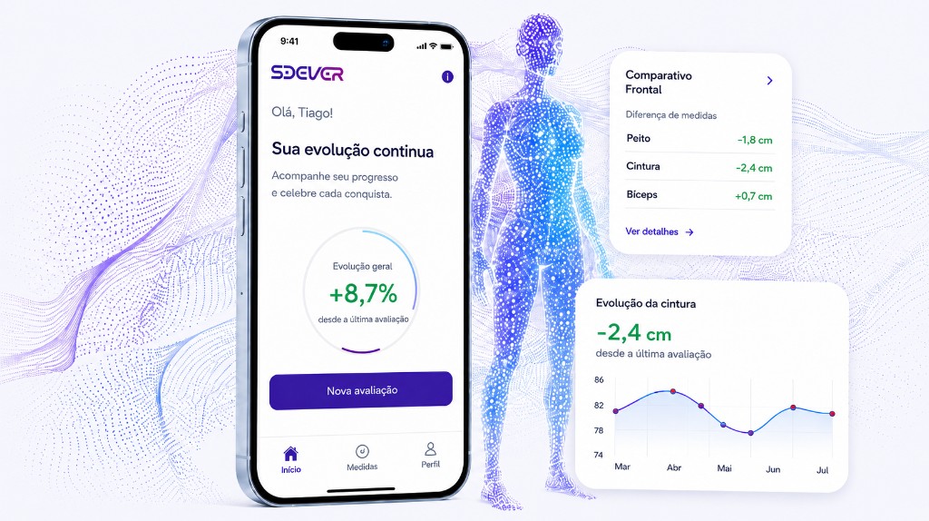 App SeeVer exibindo a evolução corporal com silhueta 3D e cards de comparativo e evolução da cintura